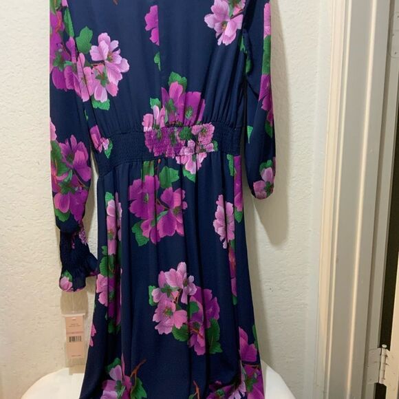 nanette Lepore Navy & Fuchsia Floral Cinched Midi Dress 10 Flowy NWT - Picture 11 of 16